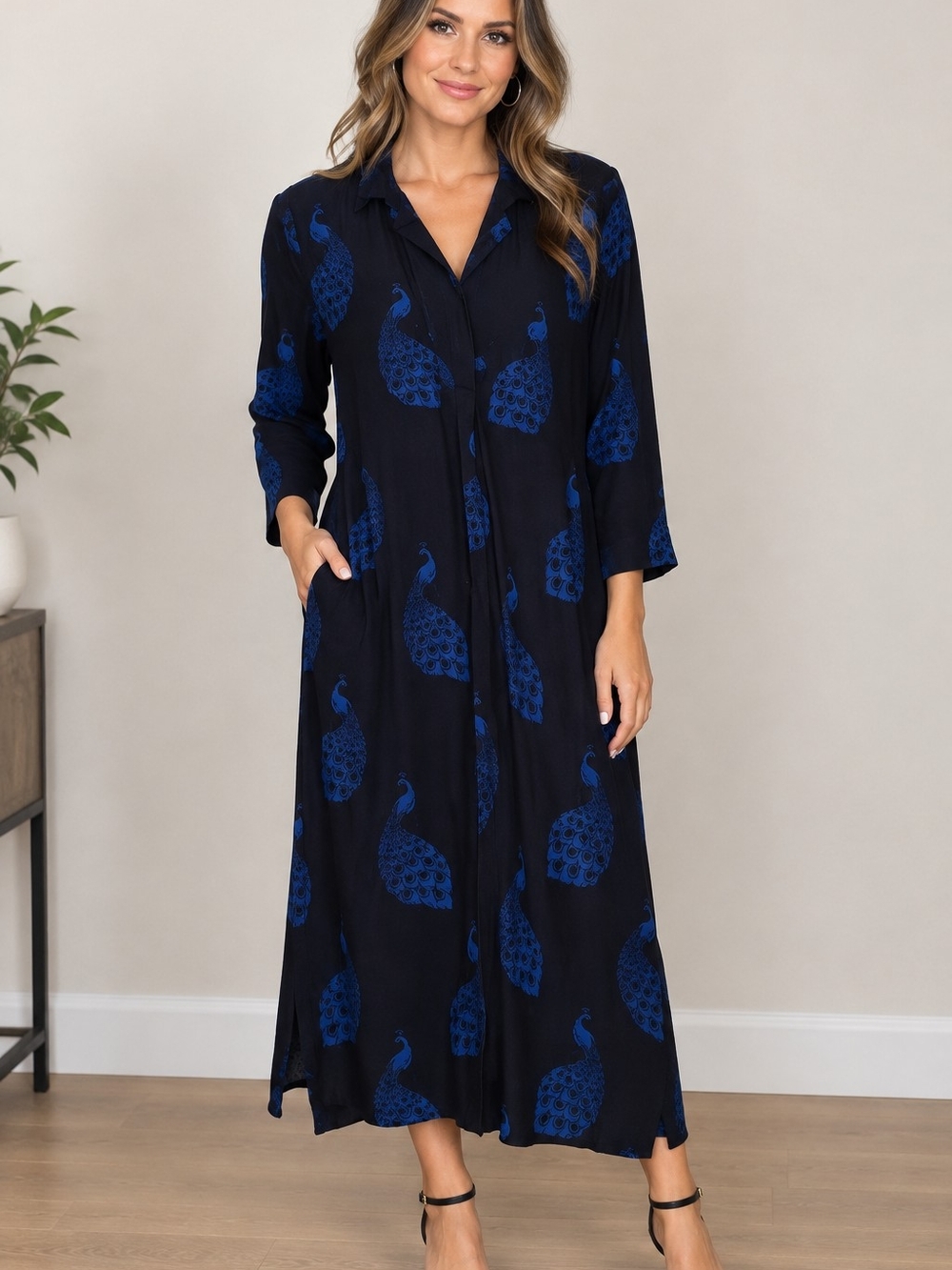 Ann Taylor Navy and Royal Blue Peacock-Print Button Maxi Dress